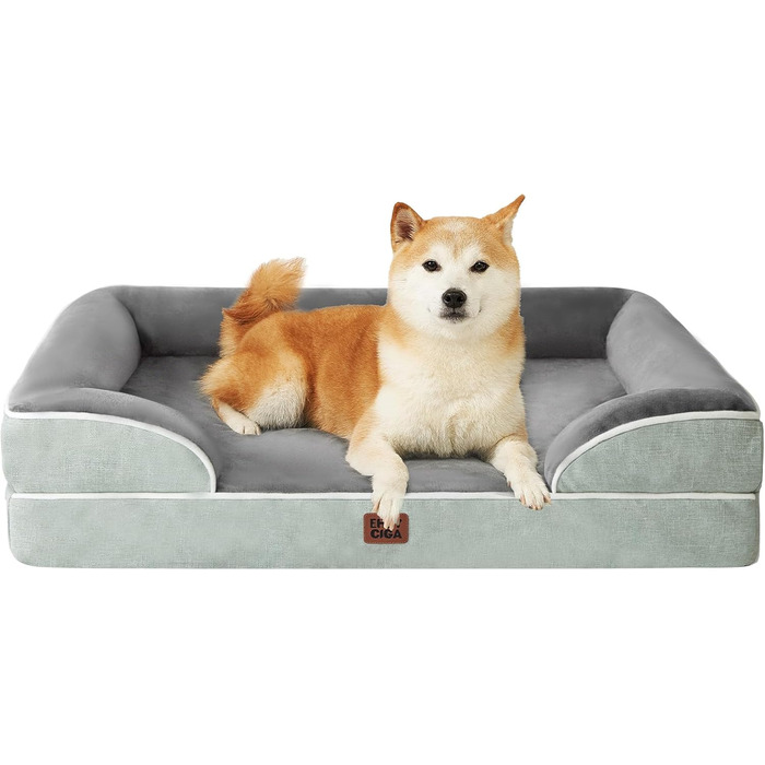 Ортопедичне ліжко для собак EHEYCIGA, 89x56 см, Memory Foam, середніх порід, знімний чохол, вологостійке, з високим бортиком, сіро-зелене