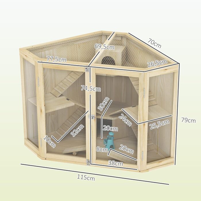 Клітка для хом'яків PawHut з дерева, 4 рівні, будиночок, гойдалка, годівниця, рампи, клітка для дрібних тварин, підходить для хом'яків та мишей, 115 x 69,5 x 79 см