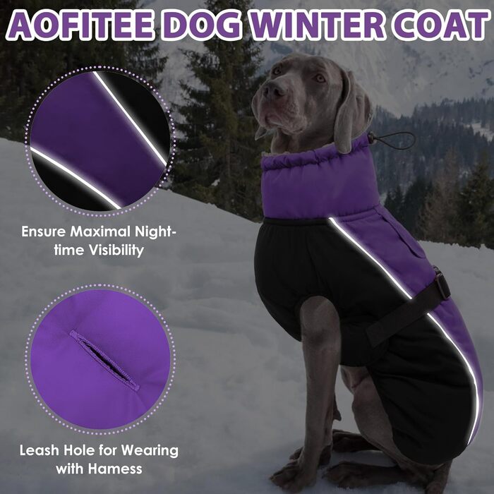 Теплий зимовий одяг для собак AOFITEE з коміром-гетром, для маленьких, середніх та великих собак (3XL, фіолетовий)