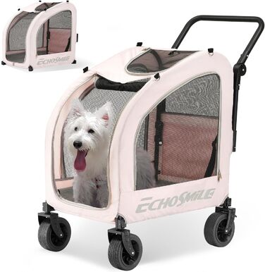 Візок для собак EchoSmile для маленьких та середніх собак до 20 кг, позашляховий, складний, з подвійним гальмом, ремені безпеки та сітчасті вікна (Рожевий)
