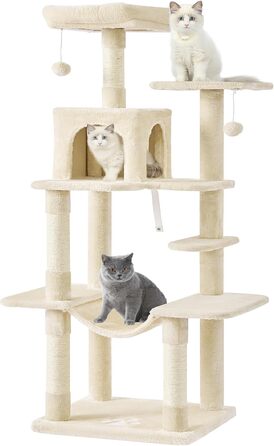 Кігтеточка для котів MSmask велика, багатоярусна, з гамаком та будиночками (150 см, бежева)