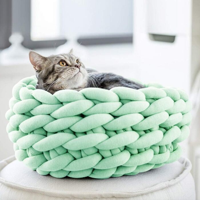 Котяче ліжко Lucky Monet, кругле, в'язане з бавовни, м'яке плетене лежанка для котів і собак, Boho стиль, 40 см, м'ятно-зелене