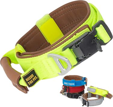 Нашийник Comfort Collar для великих собак, м'яка теляча шкіра, з підкладкою, світловідбиваючий, металева пряжка, зручна ручка, розмір S, неоново-жовтий