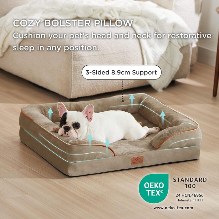 Ортопедичне ліжко для собак BEDSURE - 71x58 см. З м'яким пінопластом, зручне для маленьких собак, миється, не слизьке, горіховий колір. Розміри: 71 x 58 x 17 см.