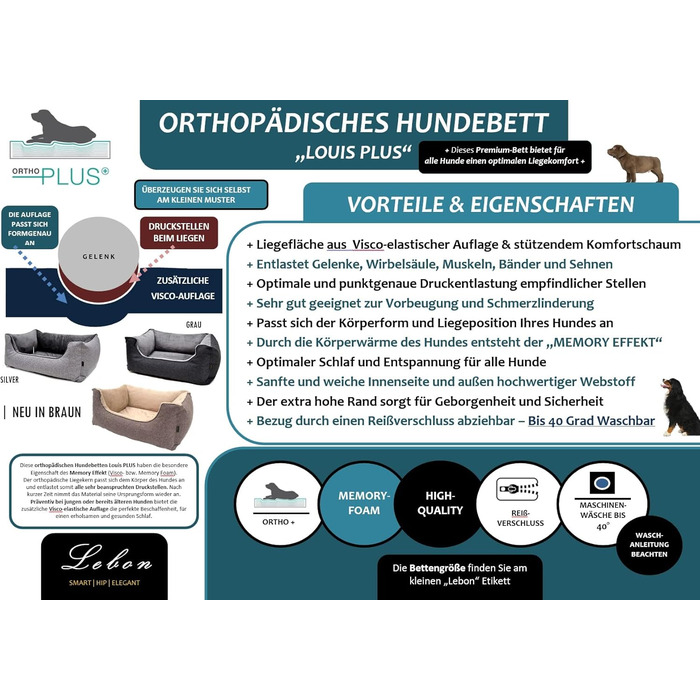 Lebon Hundebett Louis Plus: ортопедичне ліжко для собак, 3 розміри (80/100/120 см), Made in EU, 3 кольори, коричневий (L)
