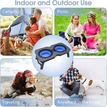 Складані годівниці для собак, 2-в-1 піднятий набір для їжі для домашніх тварин зі стійкою, портативні дорожні миски для собак та котів (Рожевий) (Блакитний)