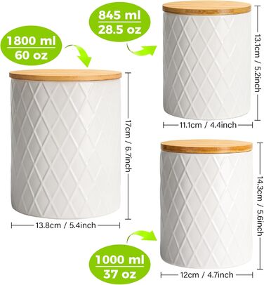 Набір з 3 вазок для зберігання Miamio Palmanova, кераміка з дерев'яним кришкою, білий колір