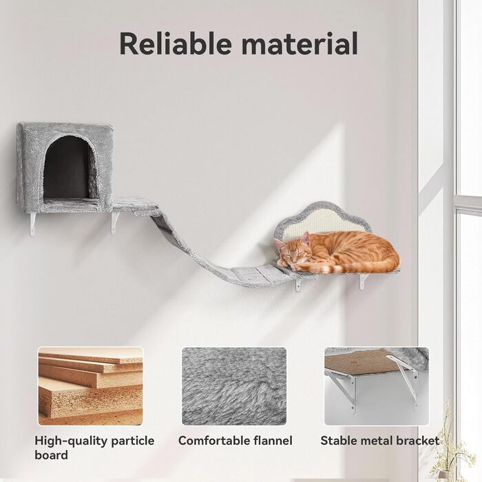 Комплекс для котів BYBYME з гамаком, ліжком та високими полицями, 6 предметів. Міцний, з плюшем, сизалевим покриттям та крізьовим покриттям. Для кількох котів. (Світло-сірий)