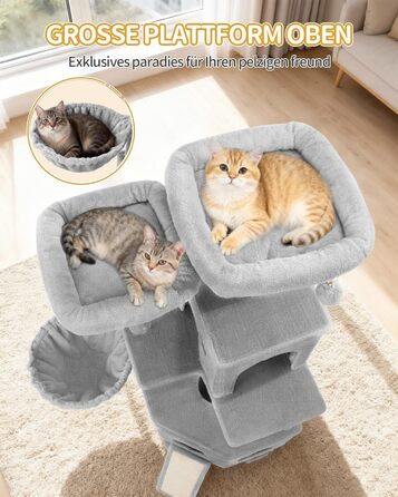 Кігтеточка для котів Hzuaneri, 174 см, XL, 2 платформи, 2 печери, 4 стовпчики, дошка для шліфування кігтів, мотузка з сизалю, плюшеві кульки, сірий колір, для кількох котів MS17418LG