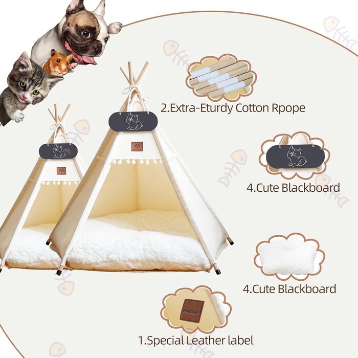 Намет для тварин Tipi з двостороннім килимком: для собак, котів, кроликів, хом'яків. Розмір 60x60x70 см, бежевий. Знімний та пральний