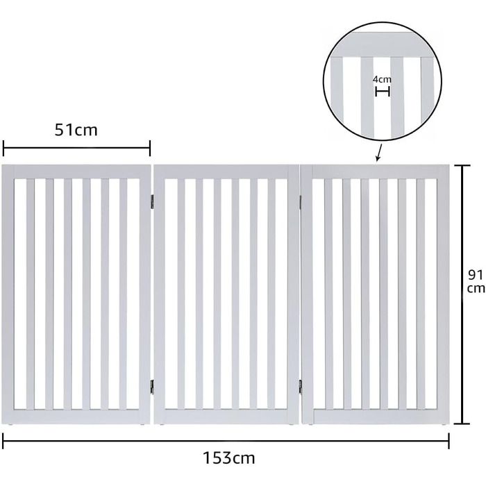 Захисний бар'єр для собак Unipaws, без свердління, дерев'яний, розкладний, для захисту сходів, воріт, каміну (3 елементи, 91 см), білий 153 x 91 см