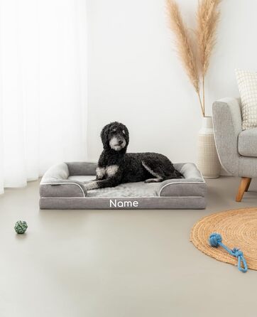 Ортопедичне ліжко для собак Lionto з піднятим бортиком, 89x63x17 см, міцне лежання з м'якого фланелі, знімний та пральний чохол, неслизьке, для маленьких та великих собак та котів, сіре (з нанесенням імені)