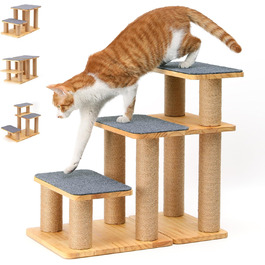 Сходинка для собак FUKUMARU, 3 сходинки, дерев'яна (сосна) з джутової тканини, регульована висота 18-51 см, вантажопідйомність до 90 кг, 6 варіантів підйому на ліжко/диван, сірий колір