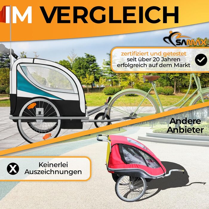 SAMAX Fahrradanhänger Jogger 2in1: Дитячий велопричіп-коляска 2в1 для 2 дітей, повне зчеплення, поворот на 360° (Блакитний - Срібляста рама)