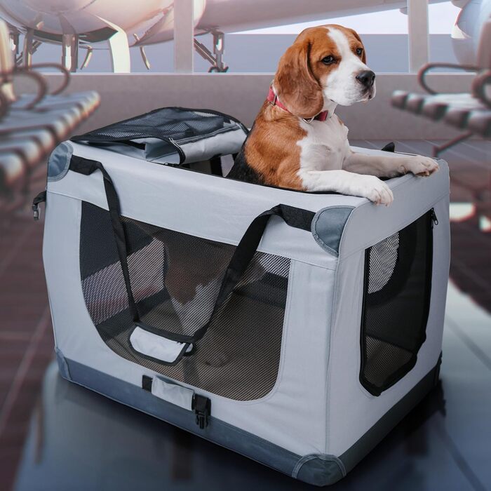 Складана велика переноска для собак XL 81,8×57,9×57,9 см, м'яка собача сумка з 3 міцними сітчастими вікнами, м'яким матрацом і кишенею для аксесуарів, дорожній бокс для домашніх тварин, сірий