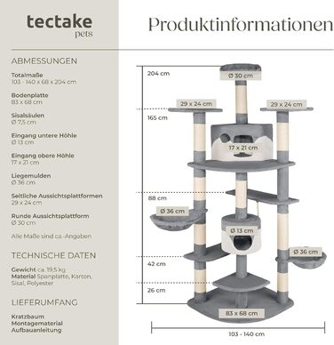 Великий котячий дряпак tectake XXL, з іграшками, лежанкою, двома будиночками, стовпчиками з сизалю, до стелі, сірий/білий