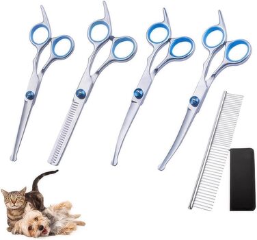 Набір професійних ножиць для собак, 5 в 1, з нержавіючої сталі, для грумінгу собак, котів та інших домашніх тварин. Включає: ножиці для фінішу, 2 вигнуті, 1 пряма, гребінець для грумінгу. Для догляду за всім тілом, обличчям, носом та вухами.