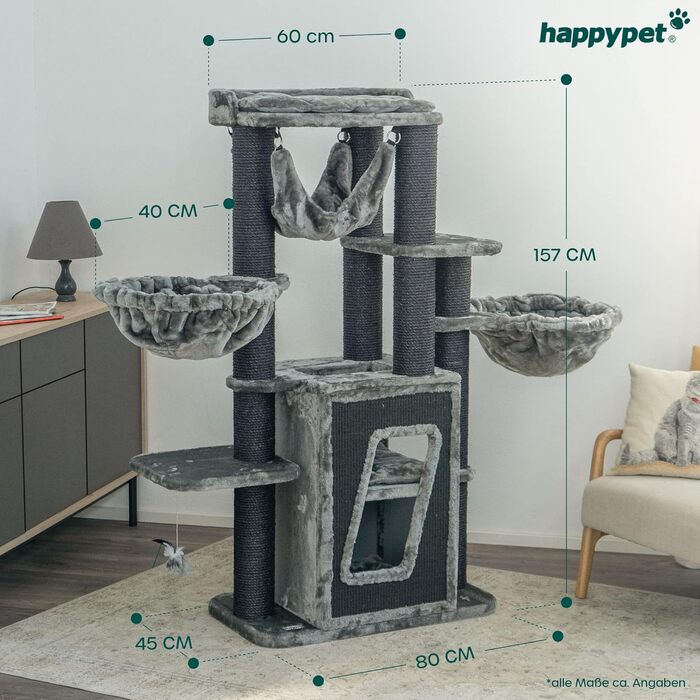 Дряпка для котів HAPPYPET Pepper 157 см, преміум XXL, для великих котів, з натуральним сизалем, будиночком та лежанками, сірий