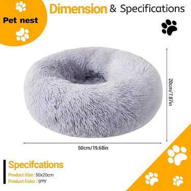 М'яке ліжко для собак середнього та маленького розміру, котяче ліжко, круглий килимок для собак, знімний та пральний килимок для собак, діаметр 50 см, довгий плюш, неслизьке ліжко для собак, диван для собак з високим бортиком, сірий колір