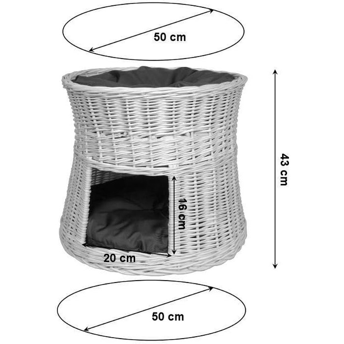 Кігтеточка-ліжко для котів: кругла хатинка з лози, 2 поверхи, білий колір, сірий лежак