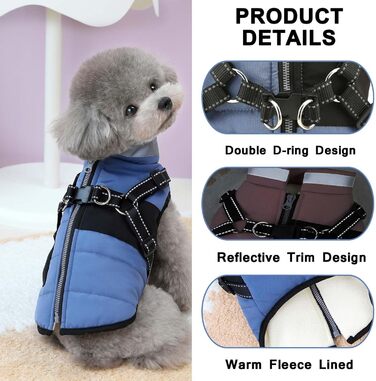 Теплий зимовий одяг для собак та котів - флісова куртка з повдком, D-подібним кільцем, світловідбиваючими елементами, для чихуахуа, йоркширського тер'єра (блакитний, XS)