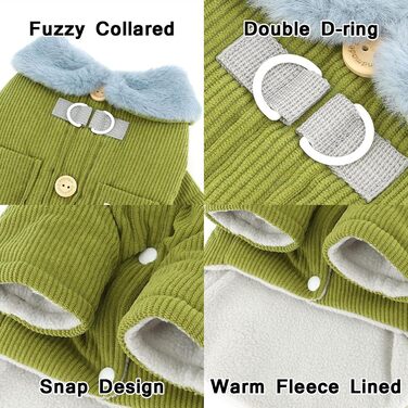 Теплий куртка для собак на осінь/зиму Ranphy з флісовою підкладкою та D-порогом, для чихуахуа та інших маленьких порід (зелений, M)