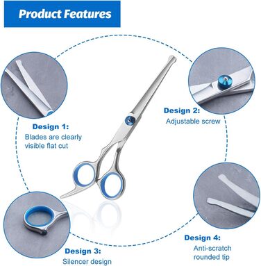 Набір професійних ножиць для собак 7 в 1 з нержавіючої сталі, з безпечними закругленими кінчиками. Включає ножиці для вирівнювання, вигнуті та прямі ножиці, гребінець для грумінгу. Підходить для собак, котів та інших тварин
