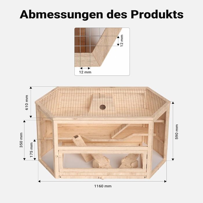 Клітка для тварин Wiltec 3-ярусна, 600x400x800 мм, дерев'яна, з відкидним дахом та оглядовим вікном, для мишей, хом'яків (116x60x59 см)