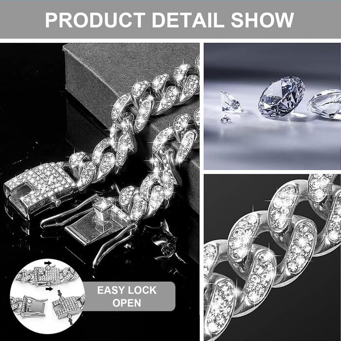 Ланцюжок для собак з кристалами Кубинський стиль, срібляний (8 дюймів)