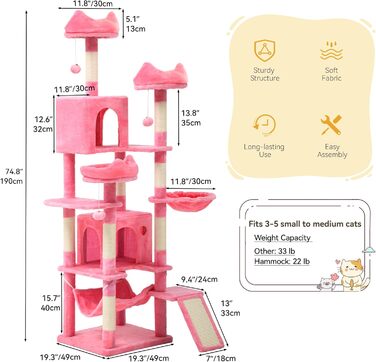 Кігтеточка YITAHOME для котів, велика, 190 см, з 8 стовпів з сизалю, 3 платформи, 2 печери, кошик, гамак, м'ячики, дошка для шліфування кігтів, рожева