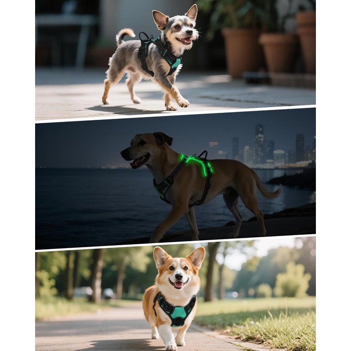 Світловідбиваючий нашийник для собак Joytale з LED, для середніх собак, без натягування, з ручкою, регульований, для нічних прогулянок, зелений, розмір M (1 шт.)