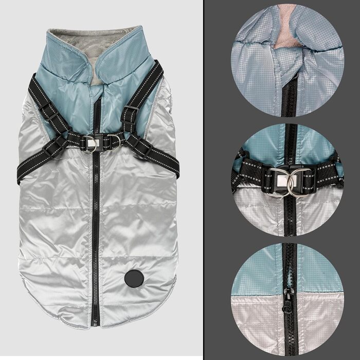 Водонепроникна куртка для собак, тепла куртка для собак з кільцем для повідка - (Срібло/Блакитний, 3XL)