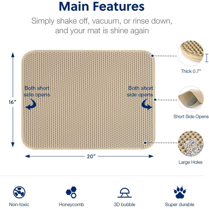Килимок для котячого туалету WePet, мат для котячого лотку – середній розмір, стільникова структура, двошаровий килимок, без фталатів, для контролю сечі та води, легко миється, контроль розсипання, 61 x 38.1 см, бежевий