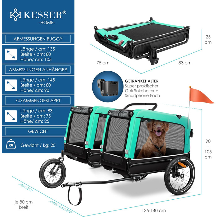 KESSER® Візок-причіп для собак Boxer 3в1: візок для прогулянок, бігу та велосипедний причіп, великий об’єм 240 л, амортизований, міцна тканина 600D Oxford, система SmartSpace, навантаження до 40 кг, з підстаканником