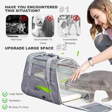 PETCUTE Переноска для собак і котів, дихаюча, з м'яким матрацом, оксфорд, з плечовим ременем, для подорожей літаком, сіра