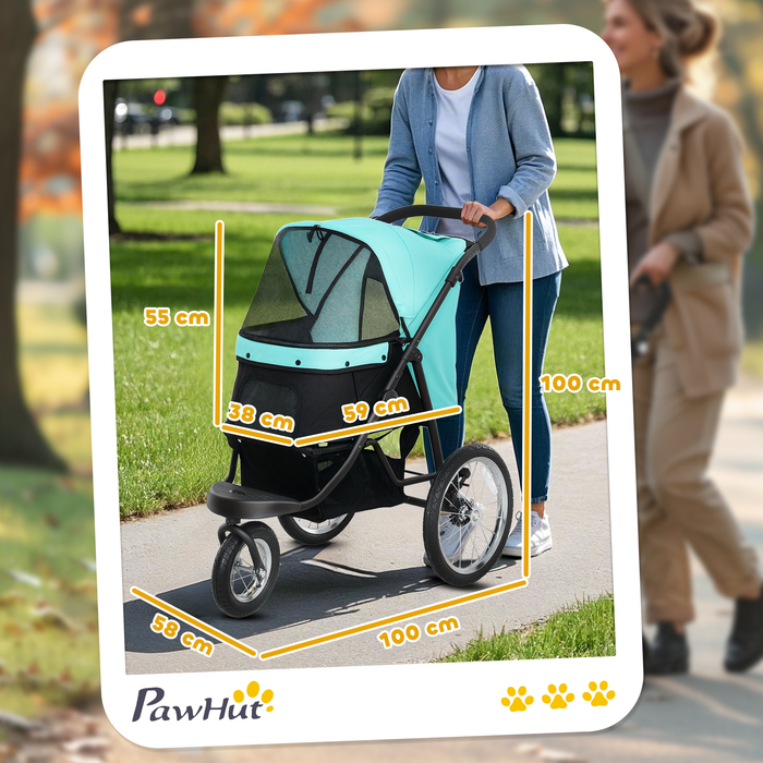 PawHut Коляска для собак Jogger Dog Buggy Складна для маленьких собак і кішок до 10 кг Cat Buggy з 3 великими гумовими колесами, подушками Сітка Вікна Кошик для зберігання Котяча коляска з безпечними повідцями, бірюзова | Аосом