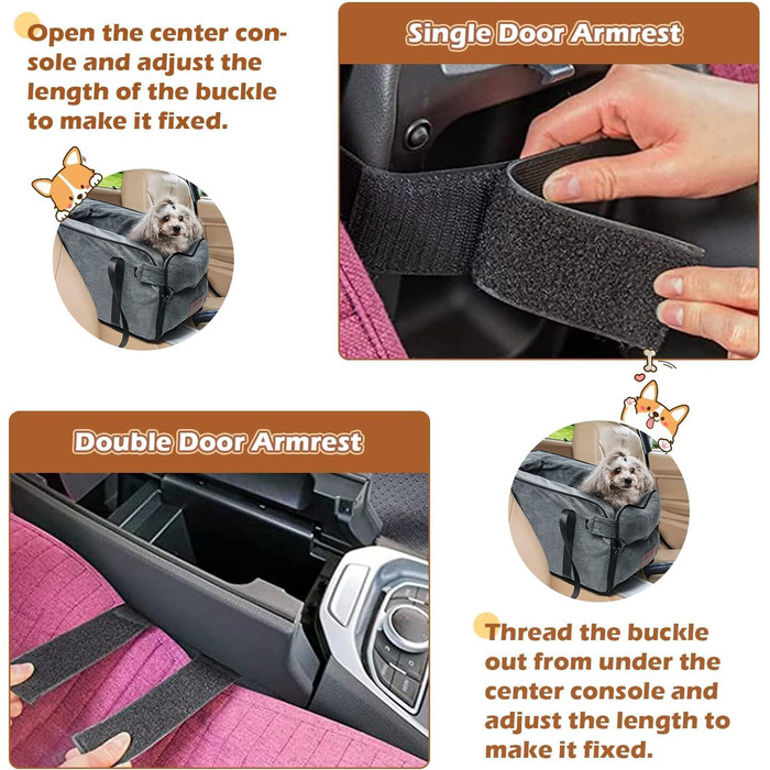 Автокрісло для собак та котів на середню консоль, стабільне, з ременем, знімний, миючий, для собак та котів до 6 кг (замша)