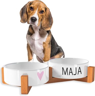 OWLBOOK Миска для собак з іменем Rosa Herz, подвійна керамічна миска з бамбуковим підставкою, 300 мл