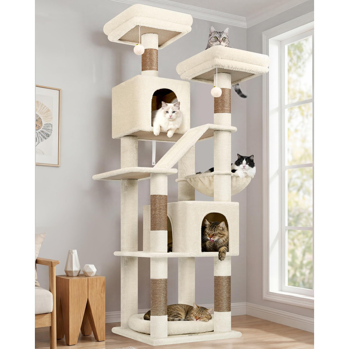 Драбина-кіготь Globlazer для котів та собак, 189 см, XXL, бежевий. 2 будиночки, 2 сидіння, кошик, килимок з сизалю, лежанка для собак