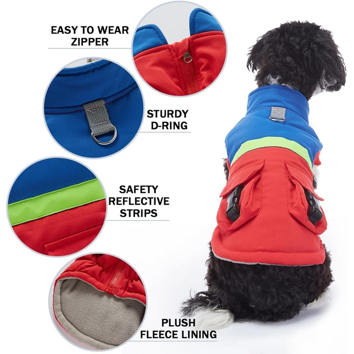 Тепла водовідштовхувальна куртка для собак маленьких та середніх порід. Зігріваючий зимовий одяг для собак з отвором для повідка та кишенями, світловідбиваюча (червоний, синій, S)