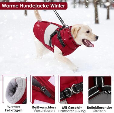 Теплий зимовий одяг для собак AOFITEE: куртка, жилет, водонепроникний, для великих порід (лабрадор, віндгорн, голден ретрівер), 2XL, бордовий