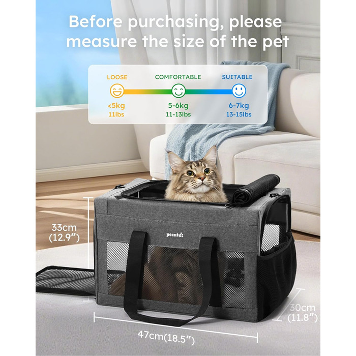 Переносна переносна сумка для котів Pecute Katzentasche, XL, 47x33x30 см, сіра
