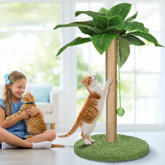 Котячий будиночок з дряпальною колоною Eukue, 80 см, білий/зелений, з платформою, мотузкою та стійкою основою