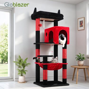Комплекс для котів Globlazer з гамаком 45x40 см, будиночком та платформою, чорно-червоний, 137 см