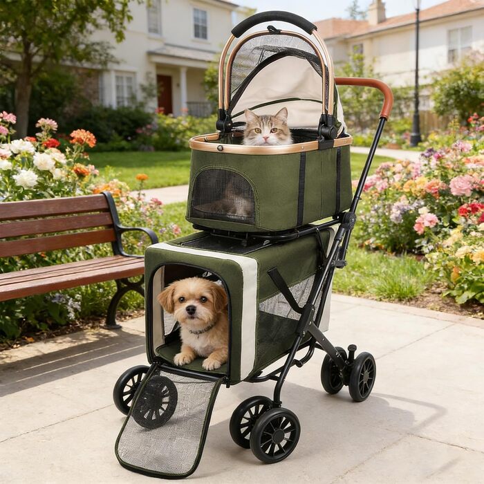 Дитяча коляска для тварин, бугі, складна, для собак та котів, з дихаючого мережива + водонепроникний оксфорд 300D + 4 колеса, переносна сумка для собак, складна до 20 кг (92 x 56 x 33 (зелений, 97*58*46))