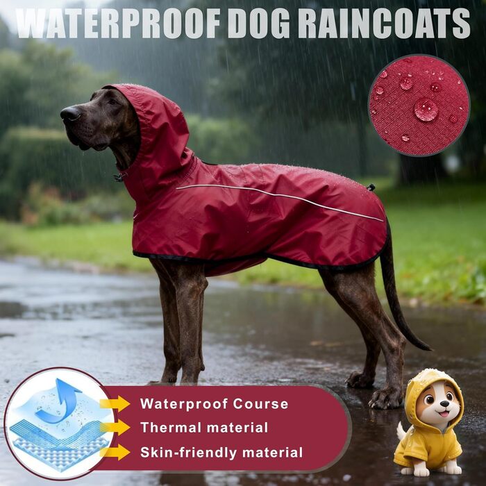Водонепроникний дощовик для собак Mosucoir з відбиваючими елементами та регульованою капюшоном, XXL, червоний
