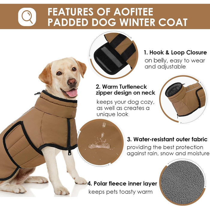 Теплий зимовий одяг для собак великих порід AOFITEE: водонепроникна куртка з флісу з коміром-хомутом, для Коргі, Бордер Коллі (L, Коричневий)