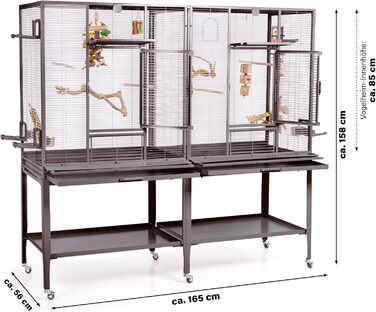 Преміальна клітка для птахів Montana Cages New Madeira Double для амадин і папуг, 6 коліс, 4 нержавіючі годівниці, порошкове покриття AVILON, антик, 165x56x158 см