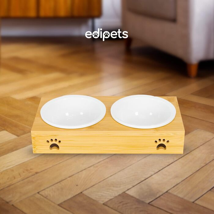 Миска для собак та котів Edipets, подвійна, з антиковзким бамбуковим дном (кераміка)