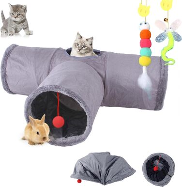 Туннель для котів Mymai з м'яким велюром, інтерактивний шурхотливий тунель з 2 підвісними іграшками, для кроликів та маленьких тварин (Сірий)